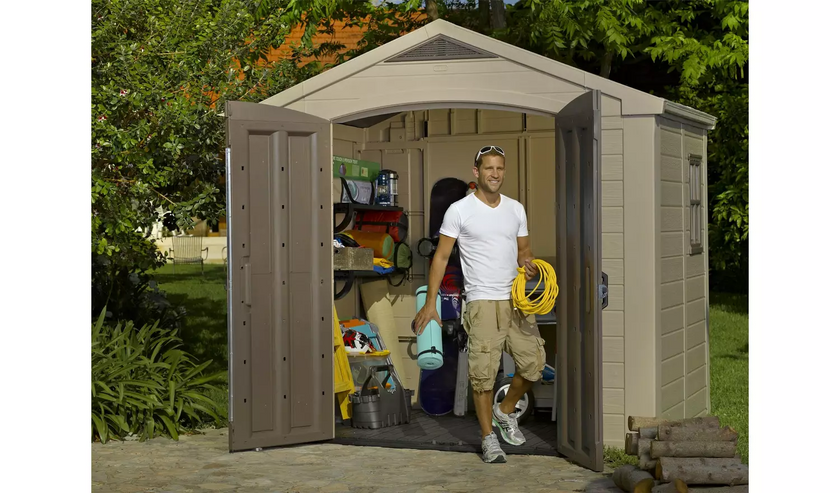 Durable Keter Factor Apex 8x6ft Beige/Brown Resin Garden Storage Shed with Double Doors and Window