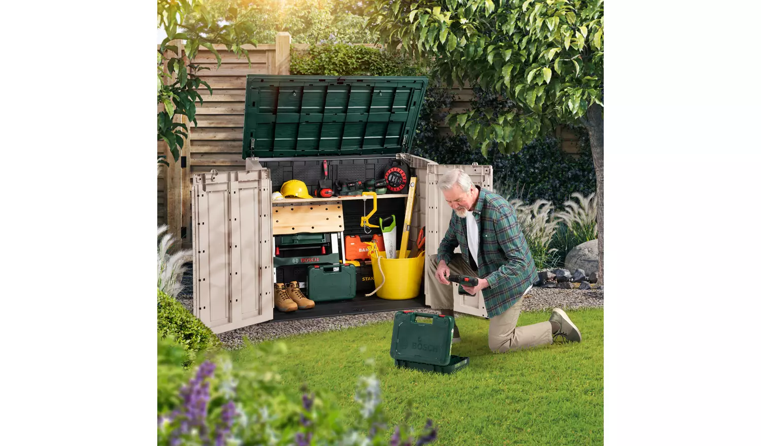 Keter Store It Out Max 1200L - Versatile Outdoor Garden Storage Box for Tools, Furniture, and Wheelie Bins (Beige/Green)
