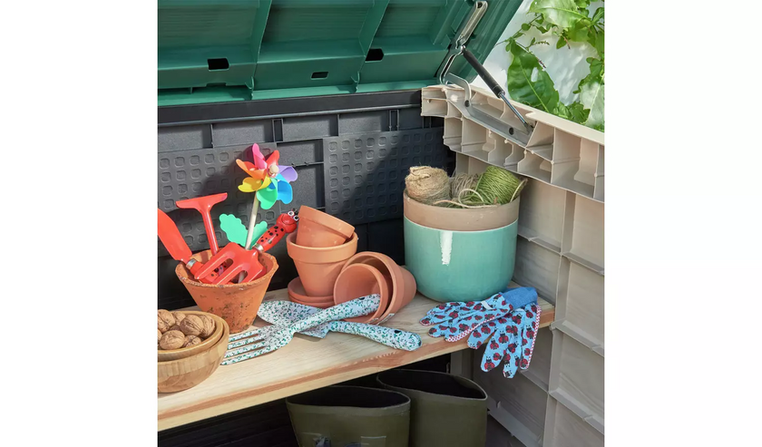 Keter Store It Out Max 1200L - Versatile Outdoor Garden Storage Box for Tools, Furniture, and Wheelie Bins (Beige/Green)