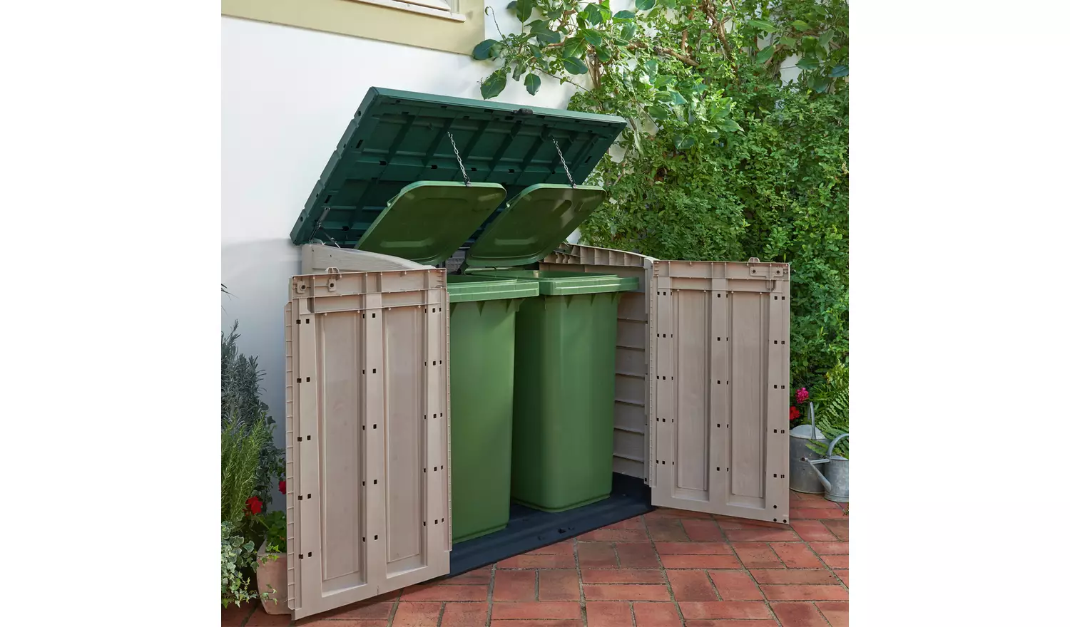 Keter Store It Out Max 1200L - Versatile Outdoor Garden Storage Box for Tools, Furniture, and Wheelie Bins (Beige/Green)